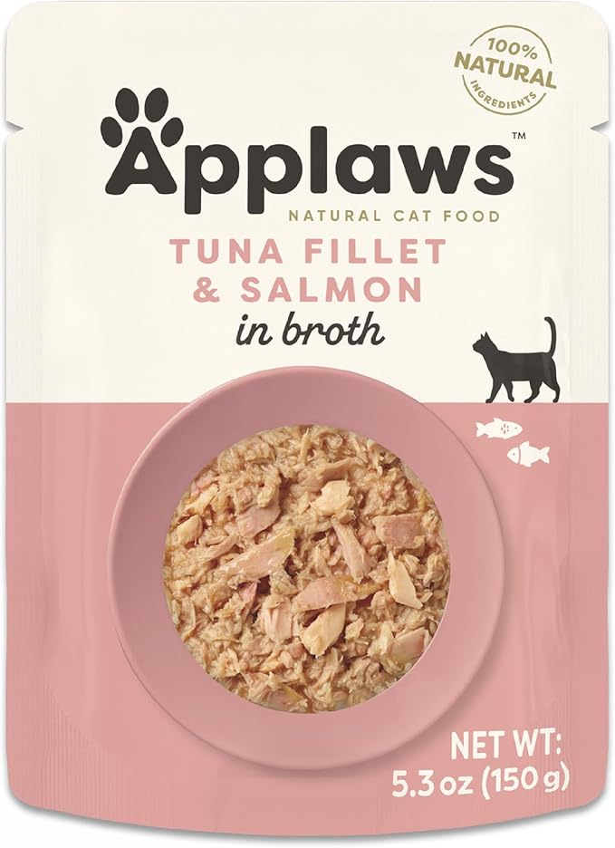 Applaws Natural Wet Cat Food in Broth, Limited Ingredient Wet Cat Food Pouches, No Additives, Made with Natural Ingredients, Tuna Fillet with Salmon in Broth (12 x 5.3oz Pouches)-PawvioPets