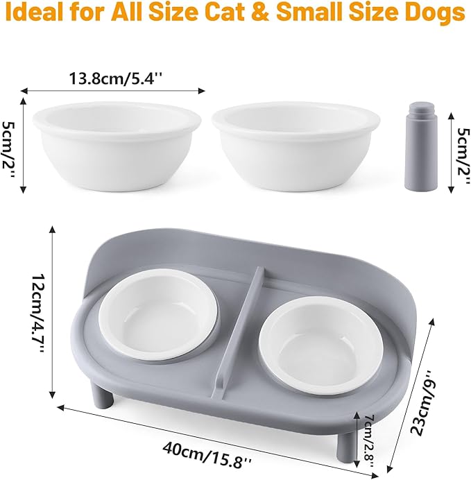 Elevated Cat Bowls, Tilted Rised Cat Food and Water Bowl with 2 Pcs Ceramic Pet Bowls, Rised Stand, Pet Dish Anti Vomiting Feeding Station for All Sized Cats & Small Dogs (Grey)-PawvioPets