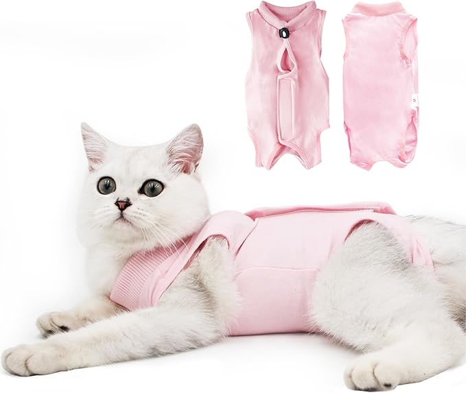 DOTON Cat Recovery Suit for Male and Female Surgical Post Surgery Soft Cone Onesie Shirt Clothes Neuter Licking Protective Diapers Outfit Cover Kitten Spay Collar(M, Pink)-PawvioPets