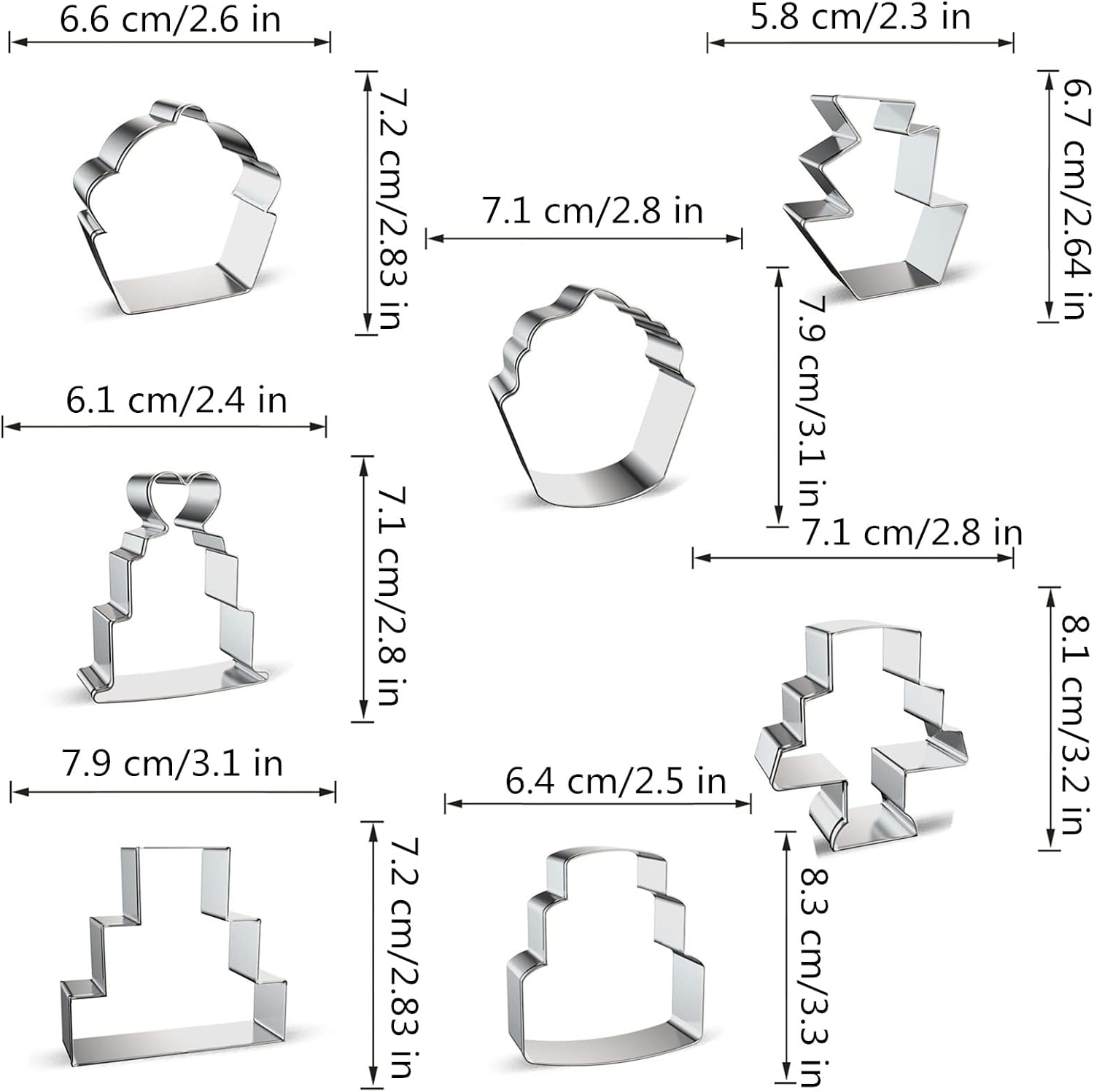 Cake Shaped Cookie Cutters Set of 7 pcs, Stainless Steel Cupcake/Birthday Cake/Wedding Cake Series Fondant Cutter Molds Baking DIY