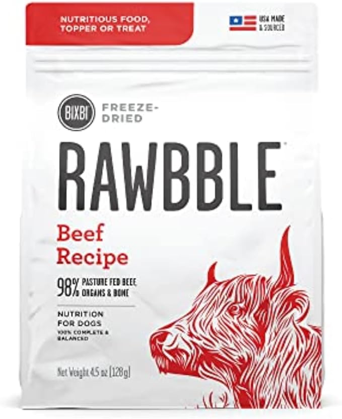 BIXBI Rawbble Freeze Dried Dog Food, Beef Recipe, 4.5 oz - 98% Meat and Organs, No Fillers - Pantry-Friendly Raw Dog Food for Meal, Treat or Food Topper - USA Made in Small Batches-PawvioPets