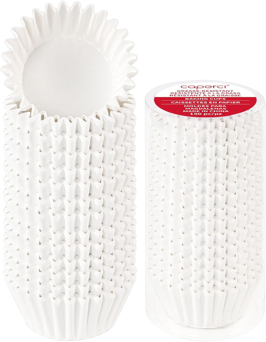 Caperci Heavy Duty Standard White Cupcake Liners 150 Counts - Grease-Resistant Paper Muffin Baking Cups, Odorless, No Muffin Pan Needed, Easily Peels (White)