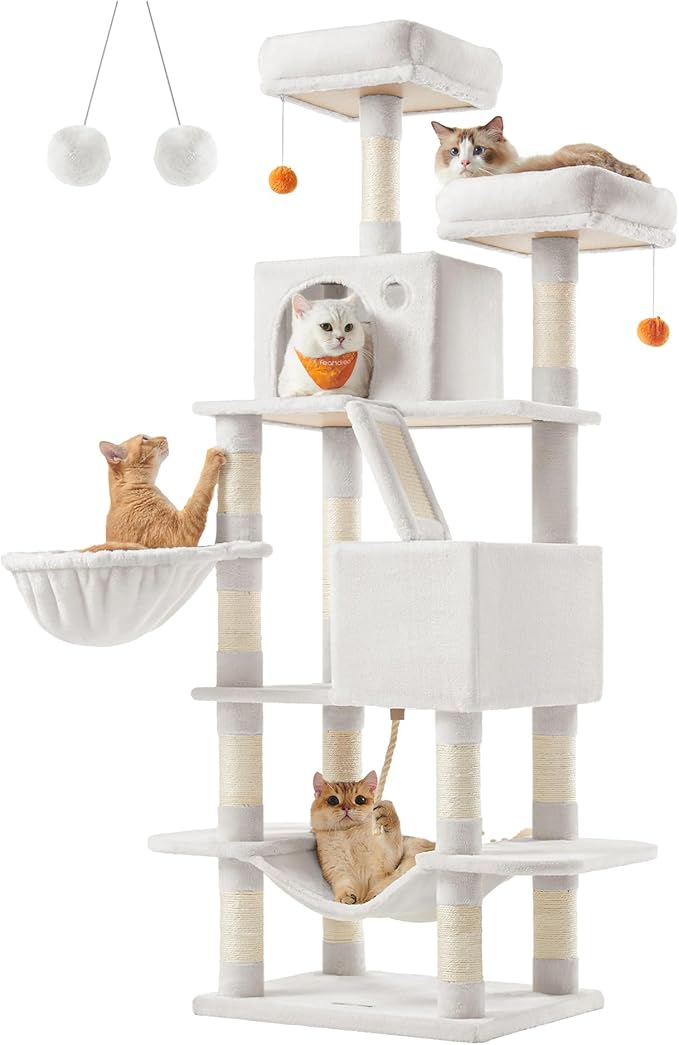 Feandrea Cat Tree, 66.1-Inch Large Cat Tower with 13 Scratching Posts, 2 Perches, 2 Caves, Basket, Hammock, Pompoms, Multi-Level Plush Cat Condo for Indoor Cats, Cream White UPCT165T01-PawvioPets