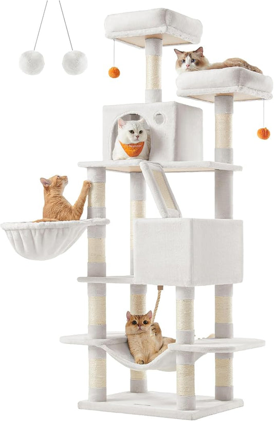 Feandrea Cat Tree, 66.1-Inch Large Cat Tower with 13 Scratching Posts, 2 Perches, 2 Caves, Basket, Hammock, Pompoms, Multi-Level Plush Cat Condo for Indoor Cats, Cream White UPCT165T01-PawvioPets