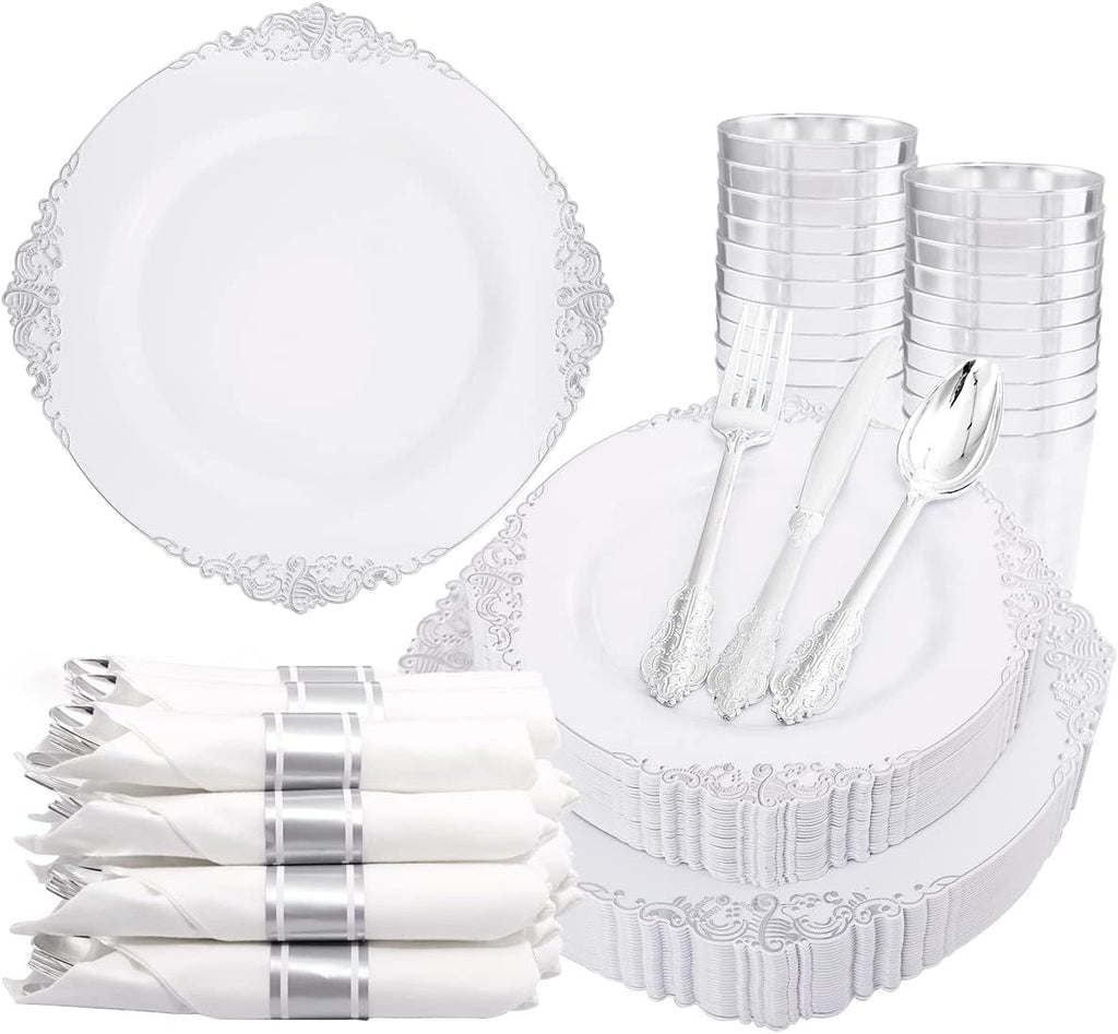 Liacere 350PCS Silver Plastic Plates&Pre Rolled Napkins for 50 Guests - Plastic Dinnerware Sets 100Silver Disposable Plates, 150Silver Silverware, 50Cups and 50Napkins for Wedding