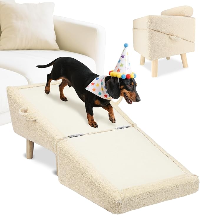 Dog Stairs for Small Dogs and Cats – 2-in-1 Dog Ramp for Bed and Couch, 16.5'' Foldable Wooden Pet Steps, Sturdy Multi-Use Split Ottoman Design, Beige-PawvioPets