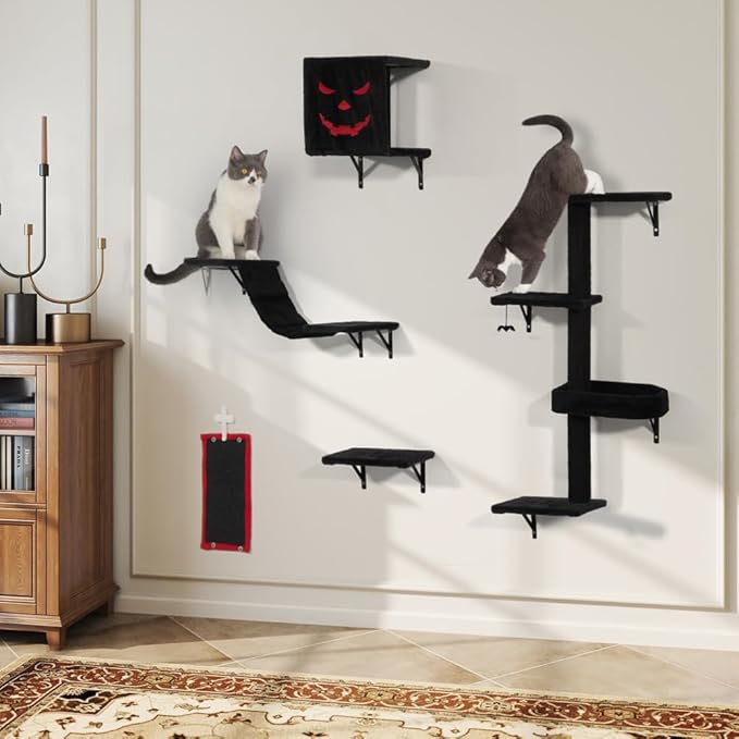 COZIWOW Wall-Mounted Cat Tree | Space-Saving Feline Furniture with Multiple Levels | Durable Scratch Post for Indoor Cats, Black&Red-PawvioPets