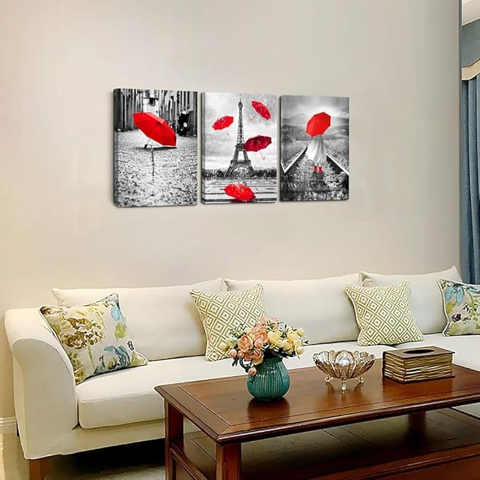 Black and white landscape Eiffel Tower 3 Piece Wall Art for Living Room Bathroom Decorations Kitchen Wall decor modern red umbrella Poster Canvas Print Office Bedroom Home Decoration wall paintings-PawvioPets