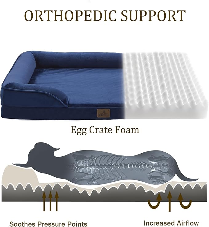 Bedfolks Orthopedic Dog Bed, Big Waterproof Dog Sofa Bed for Large Dogs, Egg Foam Pet Couch Bed with Removable Washable Cover and Nonslip Bottom, Navy Blue-PawvioPets