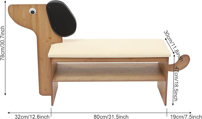 Cute Dog Shoe Bench with Cushion, 51.6”L x 11.8”W Puppy Shoe Storage Bench Beige 2-Tire Bamboo Shoes Rack Bench for Entryway Living Room Hallway Bedroom 220Lbs Load Capacity-PawvioPets