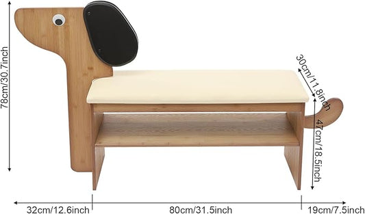 Cute Dog Shoe Bench with Cushion, 51.6”L x 11.8”W Puppy Shoe Storage Bench Beige 2-Tire Bamboo Shoes Rack Bench for Entryway Living Room Hallway Bedroom 220Lbs Load Capacity-PawvioPets