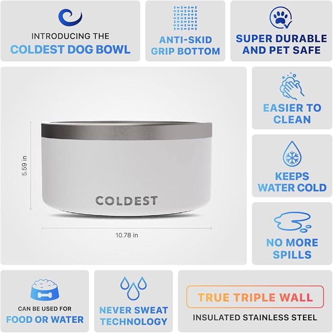 Coldest Dog Bowl - Anti Rust Metal, Non Slip, 3 Layers Insulated Stainless Steel Dog Bowls - Spill Proof & Heavy Duty - Water Bowl for Dogs, Cats & Pets, Dish Washer Safe (200 oz, Epic White)-PawvioPets