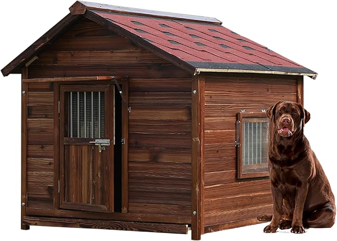 Extra Large Dog House Outdoor Made of Solid Pine Wood, Warm Doghouse, Dog House with Elevated Floor for Large Dogs, (Wood, 7XL)-PawvioPets
