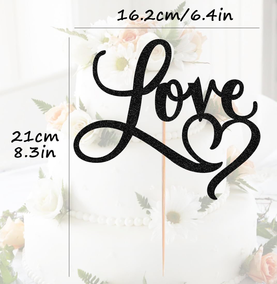 Love Cake Topper - Black Glitter Paper Wedding Cake Decoration Supplies, Perfect for Bridal Shower/Engagement/Anniversary/Birthday Party
