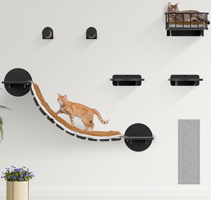 FURRY VIBES Cat Wall Shelves & Perches – 7-in-1 Cat Wall Furniture Set with Bed, Climbing Steps, Scratcher & Bridge Ladder – Black Bamboo Wall Cat Shelf for Indoor Cats-PawvioPets
