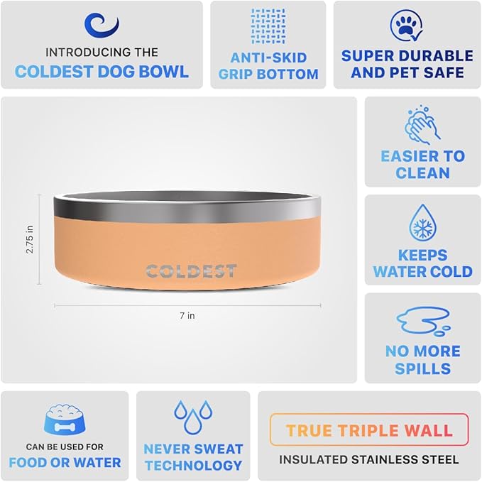 Coldest Dog Bowl - Anti Rust Metal, Non Slip, 3 Layers Insulated Stainless Steel Dog Bowls - Spill Proof & Heavy Duty - Water Bowl for Dogs, Cats & Pets, Dish Washer Safe (42 oz, Sahara Peach)-PawvioPets