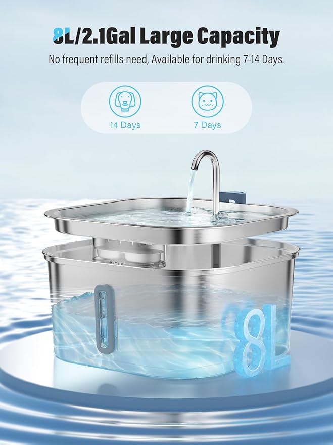 Dog Water Fountain for Large Dogs, 8L/2.1Gal Stainless Steel Pet Water Fountain with Water Level Window, Automatic Dog Water Bowl Dispenser for S-L Dogs and Multi-Pets (with 6pcs Filters)-PawvioPets
