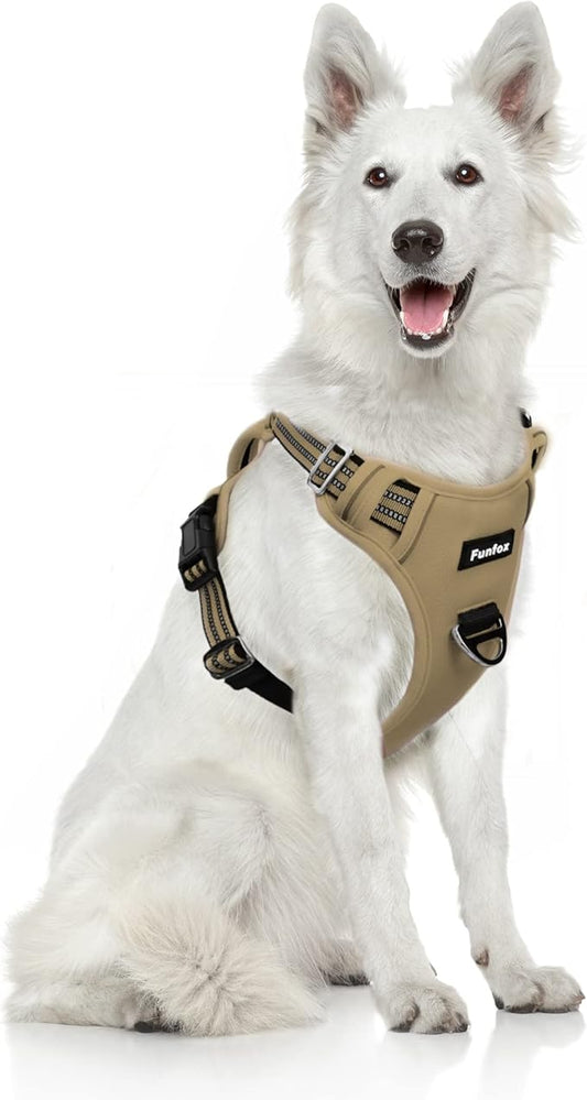 Funfox Dog Harness No Pull, Adjustable Pet Vest Harness, Super Soft Material with Vertical Handle Easy Control, Reflective Night Walking, 2 Leash Clips for XLarge Dogs, Brown, XL-PawvioPets