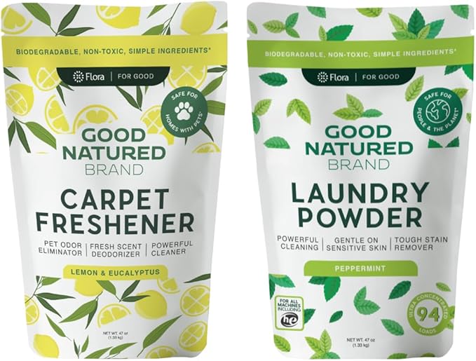 Good Natured Brand | Laundry Bundle | Carpet Freshener Lemon & Eucalyptus 47oz | Pet-Friendly Carpet Deodorizer | Laundry Powder Peppermint 47oz | Hypoallergenic Laundry Powder 94 Loads-PawvioPets