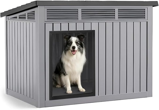 Dog House Indoor Outdoor,Resin Waterproof Puppy Shelter with Air Vents and Elevated Floor,Air Rod on Top to Open,Dog Kennel for Small to Medium Dogs(Grey,32.2 * 25.12 * 24.13)-PawvioPets