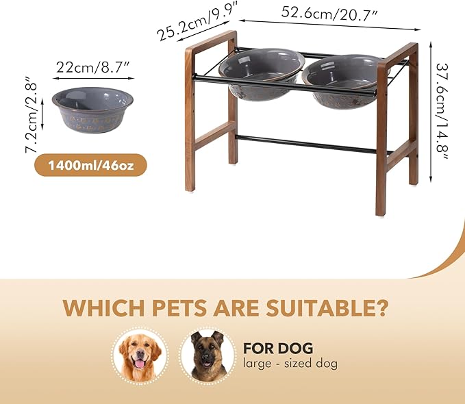 8.7inch Ceramic Adjustable Raised Double Bowls Set with Stand, 3 Heights Elevated, 2 Placement Options,Food and Water Dishes for Large Dog(Double Bowls+Stand, Reactived Glaze -Grey)-PawvioPets