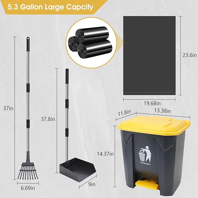 Dog Pooper Scooper, 20L Large Dog Poop Trash Can Outside with Removable Inner Bucket, Poop Trash Can for dog Outdoors with 90 Waste Bags, 37inch Long Handle Stainless Metal Tray & Rake-PawvioPets