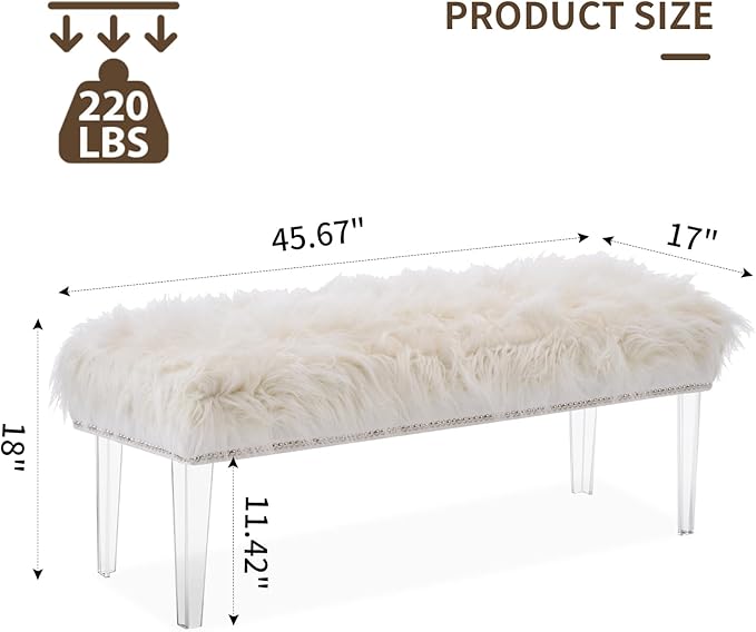 46 Inch White Bedroom Bench, Benches for Bedroom White Faux Fur Upholstered Bed end Bench, Tufting Ottoman Bench Indoor Bench with Acrylic Legs for Living Room Bedroom Entryway-PawvioPets