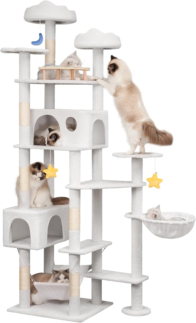 85in Tall Cat Tower for Heavy Duty Big Cats, Large Cat Tree with Scratching Post, Plush Perches, Cozy Cat Condos & Hanging Hammocks for Maine Coon, White-PawvioPets