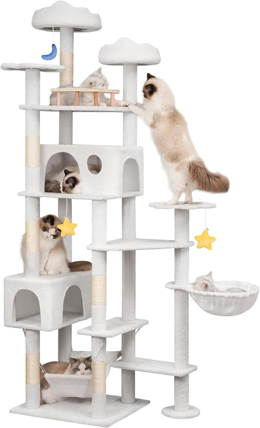 85in Tall Cat Tower for Heavy Duty Big Cats, Large Cat Tree with Scratching Post, Plush Perches, Cozy Cat Condos & Hanging Hammocks for Maine Coon, White-PawvioPets
