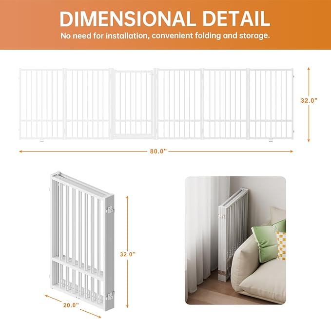Full Metal Freestanding Dog Gate with Door, 32''Height Foldable Pet Dog Fence for Indoor & Outdoor, 6 Panels Extra Wide Free Standing TallDog Gates for Doorways,House,Stairs,Porch,Deck,Yard-PawvioPets