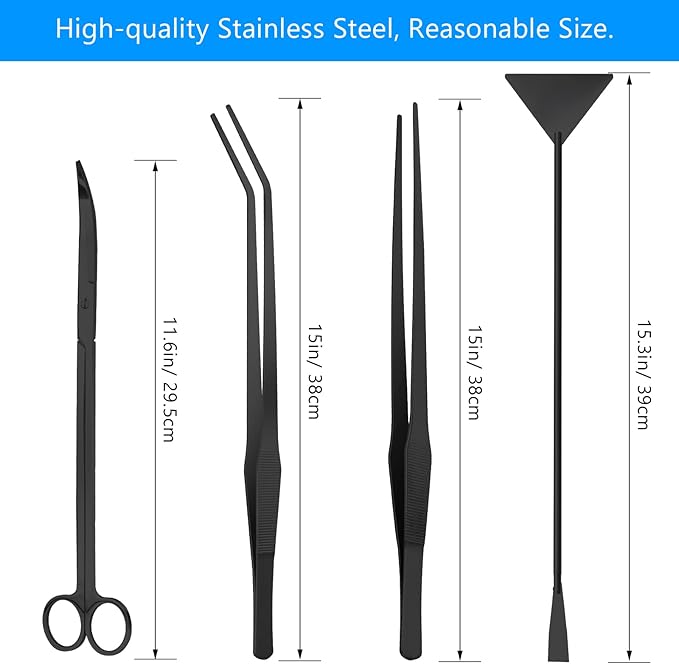Aquarium Aquascape Tools Kit 15in, 4 in 1 Anti-Rust Aquatic Plant Aquascaping Tool Stainless Steel Tweezer Scissor Spatula for Aquarium Tank Clean Fish Tank Aquascape Accessories Set (black)-PawvioPets