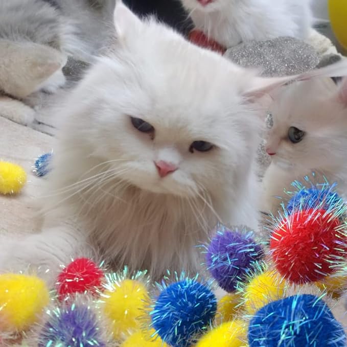 20 Pieces 2 inches Sparkle Pom Pom Balls for Cat - Interactive Glitter Balls, Multicolor, Best as Kitten Play Toys-PawvioPets