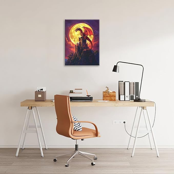 Dragon Bathroom Pictures Wall Art, Red Dragon Castle Bathroom Wall Decor, Framed Painting Canvas Artwork for Bedroom Living Room Decorations 16"L x 12"W-PawvioPets