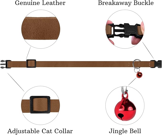 Breakaway Cat Collar Leather with Removable Bell - 13 Colors Available - Soft Adjustable Girl Boy Safety Lightweight Pet Kitten Collars Pink Brown Blue Green Red Orange Black (Cognac)-PawvioPets