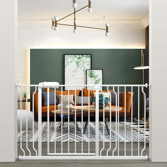ALLAIBB Extra Wide Pressure Mounted Baby Gate Walk Through Child Kids Safety Toddler Tension White Long Large Pet Dog Gates with Extension for doorways Kitchen (52.76-57.48"/134-146cm)-PawvioPets