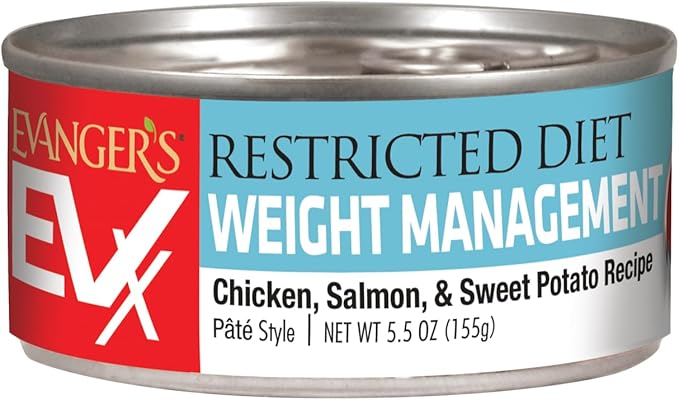 Evanger’s EVX Restricted Diet Weight Management Canned Cat Food – 24 Count, 5.5 oz Cans Each – Chicken, Salmon & Sweet Potato Recipe – Grain Free, Limited Ingredients, Pâté Style-PawvioPets
