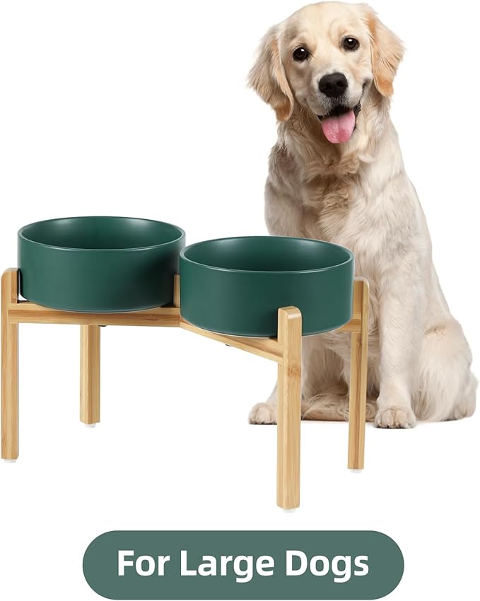 Ceramic Raised Double Bowls Set with Stand, Food & Water Bowls for Large Breed Dogs, Weighted Dog Dishes, Pet Bowl(8.2'',60OZ, Green)-PawvioPets