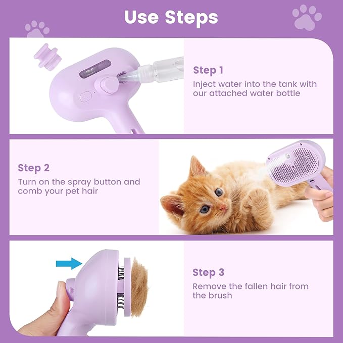 3 in 1 Cat Steam Brush, Pet Spray Hair Removal Comb for Shedding & Grooming, Water Brush for Cats Dogs Small Animals Long Short Haired with One-Click Release Button(Purple)-PawvioPets