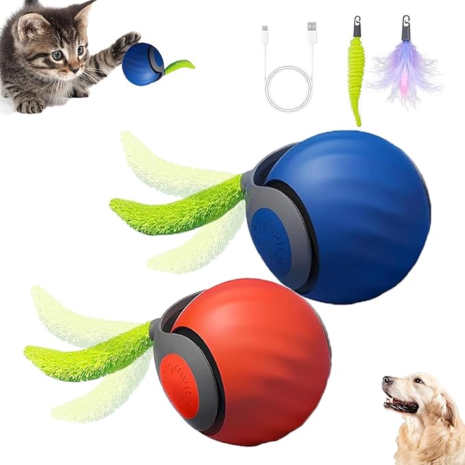 2Packs Speedy 2.0 Tail Cat Toys for Bored Indoor Adult Cats,2025 New Generation Interactive Cat Toys for Indoor Cats,Automatic Moving Ball with Tail,Blue and Orange-PawvioPets