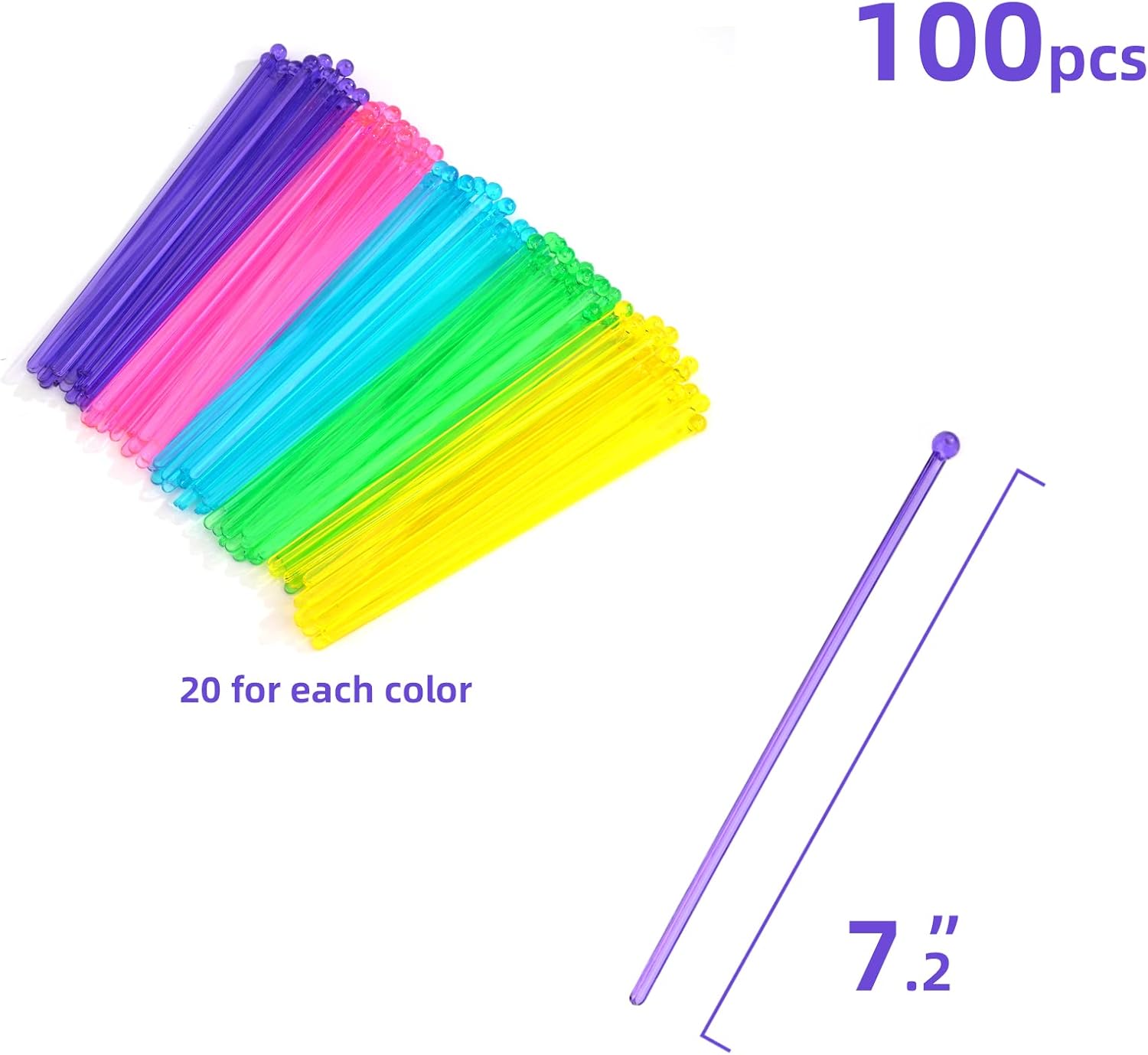 100-PCS 5 Colol Plastic Swizzle Sticks, Crystal Cake Pops, Cocktail Coffee Drink Stirrers, Stir Sticks, 7.24 Inch (Pink, Yellow, Blue, Purple, Green)