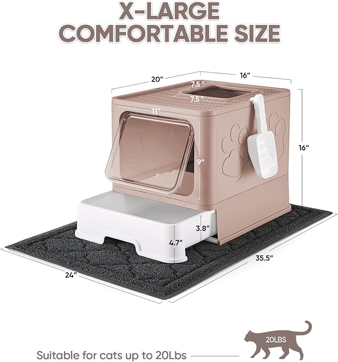 Cat Litter Box with X-Large Litter Mat and Scoop, Large Foldable Litter Box with Lid, Enclosed Kitty Box,Front Top Entry Exit, Odor Control Easy to Clean (Upgrade Coffee)-PawvioPets