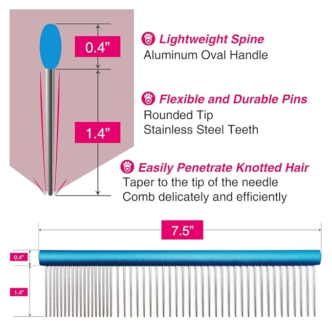 7.5" Greyhound Oval Grooming Comb – Blue Aluminum Spine, Stainless Steel Teeth Comb for Long-Haired Dogs & Cats, Removes Mats, Tangles, and Loose Fur – Lightweight for Long Time Deshedding-PawvioPets