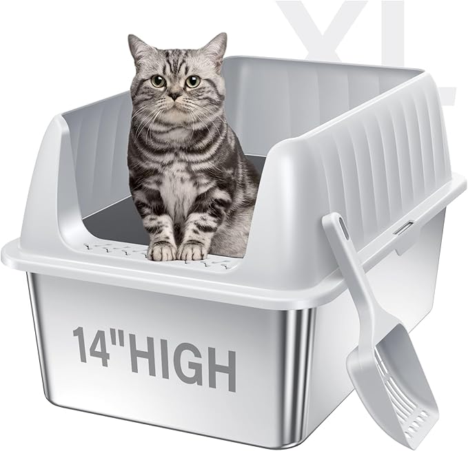 Cat Litter Box Stainless Steel XL with Lid, Enclosed Metal Extra Large Litter Box Pan High Sided with Scoop for Big Cats, Non-Sticky, Anti-Urine Leakage, Easy Cleaning-PawvioPets