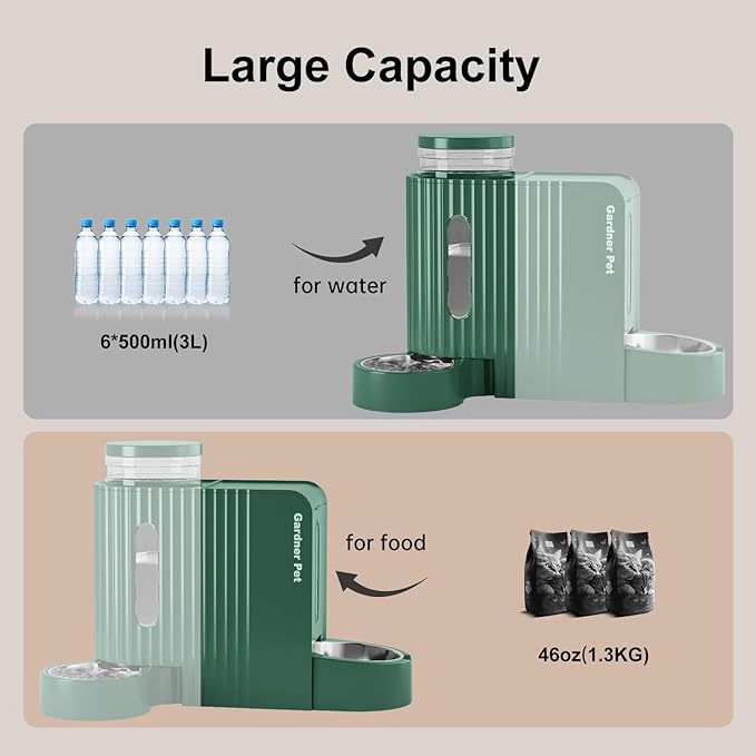 Gardner Pet Automatic Gravity Pet Feeder, 0.8 Gallons*2 Dog Feeder and Water Dispenser Set 100% BPA-Free, 2-in-1 Gravity Feeder with Stainless Steel Bowl for Dogs, Cats, Rabbits, Puppies (Green)-PawvioPets
