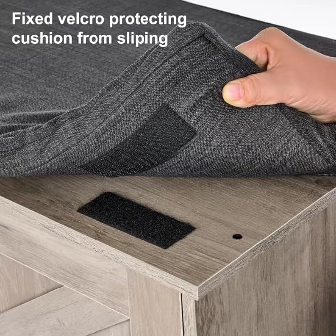 2-Tier Storage Bench, Shoe Bench with Padded Seat Cushion, Entryway Bench with 2 Barn Doors, Adjustable Shelf, 13.8" D x 27.6" W x 17.7" H, for Entryway, Living Room, Bedroom, Greige-PawvioPets