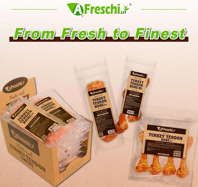 Afreschi Natural Turkey Tendon Bone (L) 3.53 oz, USA-Sourced Turkey Tendon, All Natural Human Grade Dog Chew, Hypoallergenic, Rawhide Alternative, Dog Treats for Large Breeds-PawvioPets