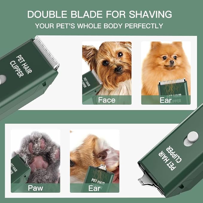 Feet Hair Trimmer, Dog Clippers,Quiet Washable USB Rechargeable Cordless Dog Grooming Kit,Electric Pets Hair Trimmers Shaver Shears for Dogs and Cats Green-PawvioPets