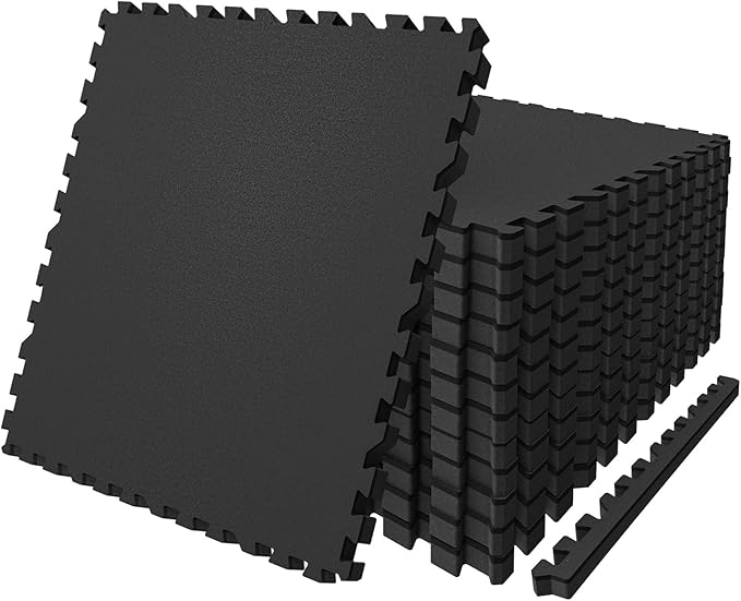 AIRHOP 0.79in Thick 48 Sq Ft Exercise Equipment Mats, 12 Tiles Upgraded Rubber Top with High Density EVA Foam, Large Interlocking Puzzle Gym Flooring for Home Gym, Heavy Weight Workout,Black-PawvioPets