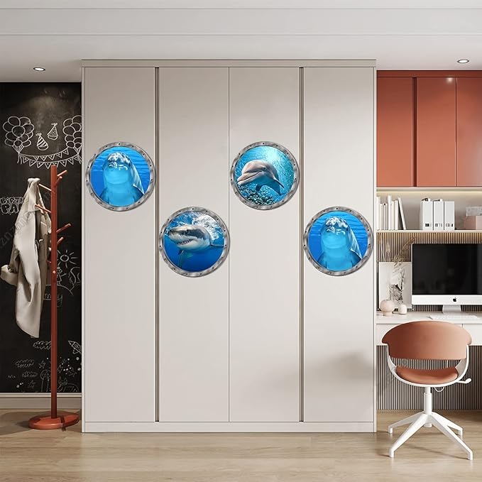 9PCS Ocean Animals World Under Sea Decor Sea Turtles Dolphins Fishes Sharks Coral Removable 3D Peel and Stick Vinyl Stickers-PawvioPets
