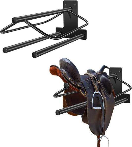 2Pcs Saddle Rack with Double Pad Bar,Heavy Duty Wall Mounted Saddle Rack Stand Saddle Pad Rack for English and Western Saddles,23.8x12.6x7.5 Inches-PawvioPets